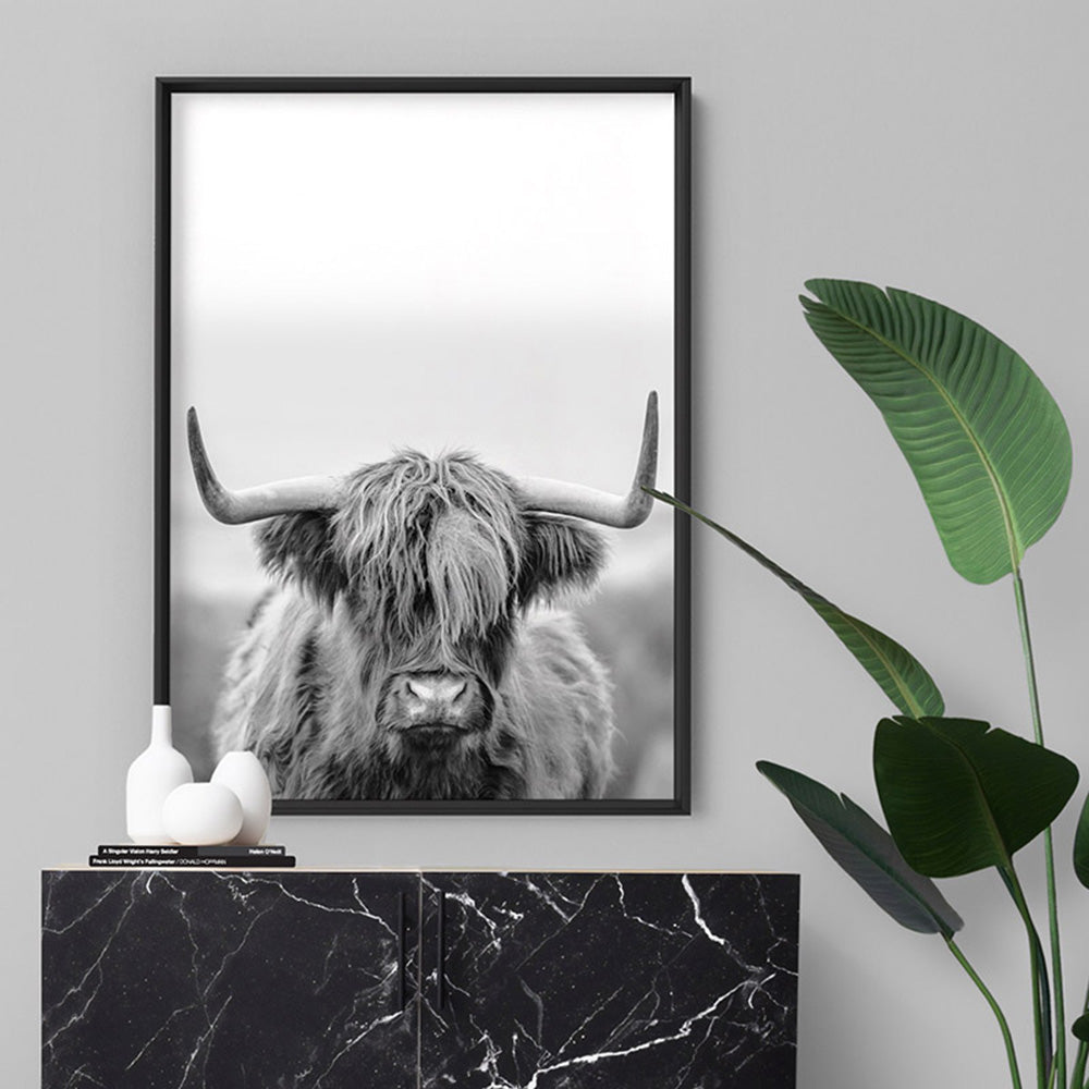Highland Cow Portrait II B&W - Art Print, Poster, Stretched Canvas or Framed Wall Art Prints, shown framed in a room