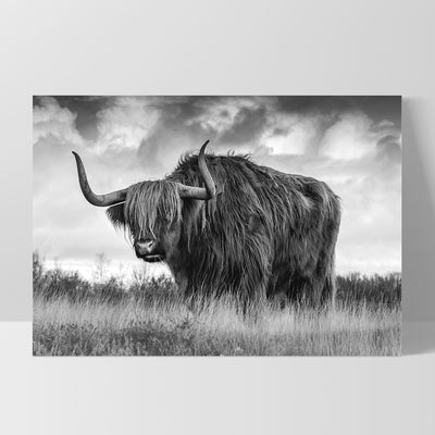 Highland Cow Landscape III B&W - Art Print, Poster, Stretched Canvas, or Framed Wall Art Print, shown as a stretched canvas or poster without a frame