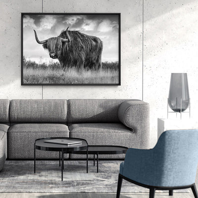 Highland Cow Landscape III B&W - Art Print, Poster, Stretched Canvas or Framed Wall Art Prints, shown framed in a room