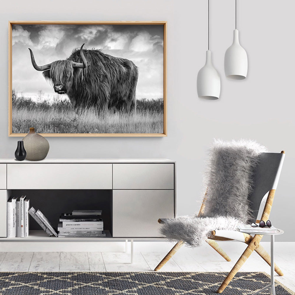 Highland Cow Landscape III B&W - Art Print, Poster, Stretched Canvas or Framed Wall Art, shown framed in a home interior space
