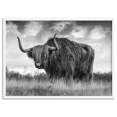 Highland Cow Landscape III B&W - Art Print, Poster, Stretched Canvas, or Framed Wall Art Print, shown in a white frame
