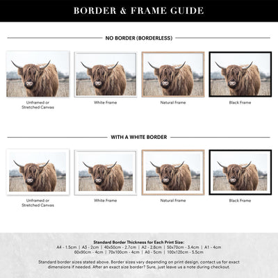 Highland Cow Landscape I - Art Print, Poster, Stretched Canvas or Framed Wall Art, Showing White , Black, Natural Frame Colours, No Frame (Unframed) or Stretched Canvas, and With or Without White Borders