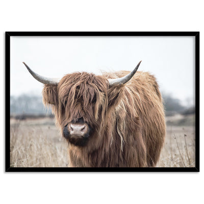 Highland Cow Landscape I - Art Print, Poster, Stretched Canvas, or Framed Wall Art Print, shown in a black frame