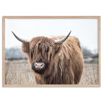 Highland Cow Landscape I - Art Print, Poster, Stretched Canvas, or Framed Wall Art Print, shown in a natural timber frame