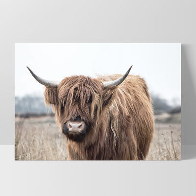 Highland Cow Landscape I - Art Print, Poster, Stretched Canvas, or Framed Wall Art Print, shown as a stretched canvas or poster without a frame
