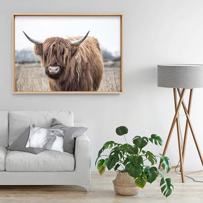 Highland Cow Landscape I - Art Print, Poster, Stretched Canvas or Framed Wall Art Prints, shown framed in a room