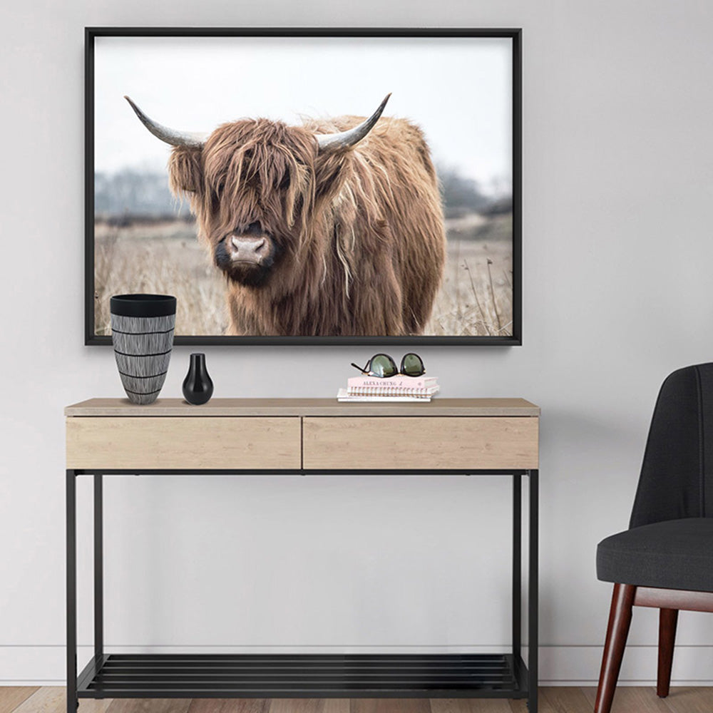 Highland Cow Landscape I - Art Print, Poster, Stretched Canvas or Framed Wall Art, shown framed in a home interior space