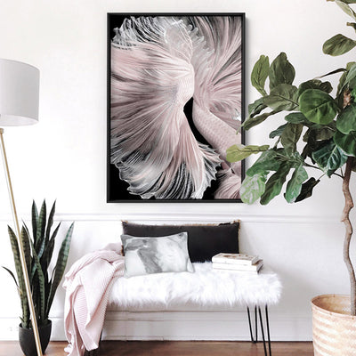 Betta Pair in Pale Pink & Black II - Art Print, Poster, Stretched Canvas or Framed Wall Art Prints, shown framed in a room