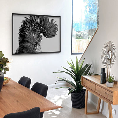 Black Cockatoo Pose Landscape, in Black & White - Art Print, Poster, Stretched Canvas or Framed Wall Art Prints, shown framed in a room