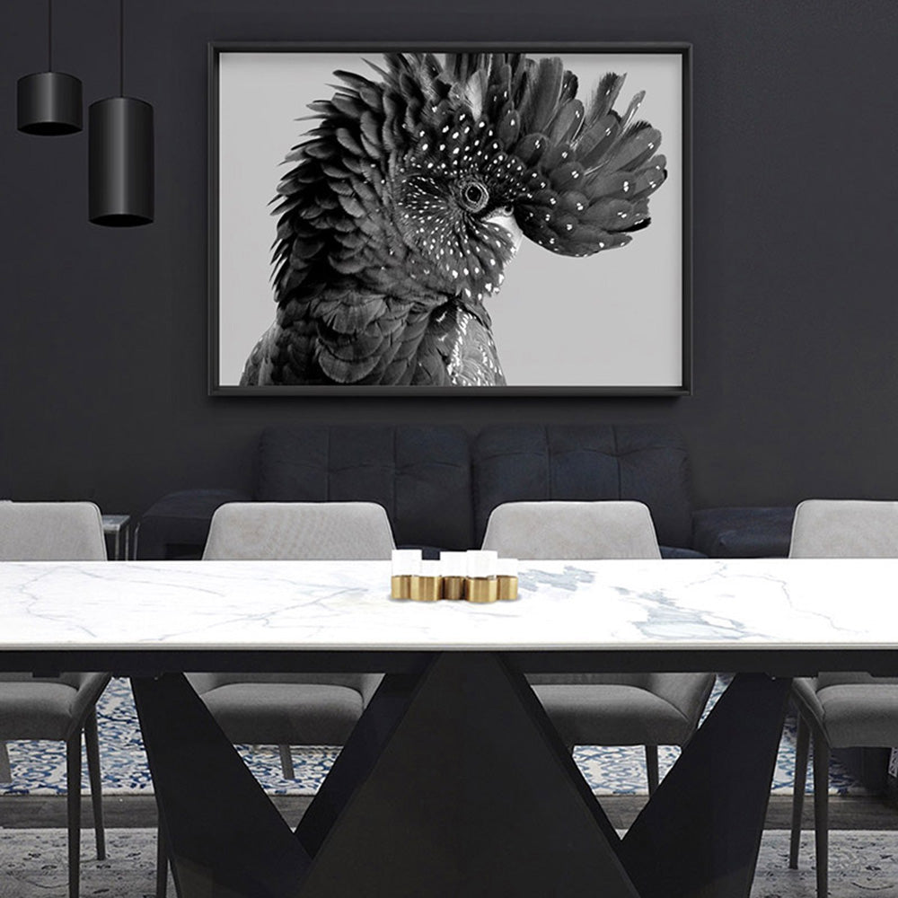 Black Cockatoo Pose Landscape, in Black & White - Art Print, Poster, Stretched Canvas or Framed Wall Art, shown framed in a home interior space