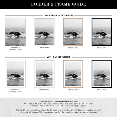 Whale Tail Black & White  - Art Print, Poster, Stretched Canvas or Framed Wall Art, Showing White , Black, Natural Frame Colours, No Frame (Unframed) or Stretched Canvas, and With or Without White Borders