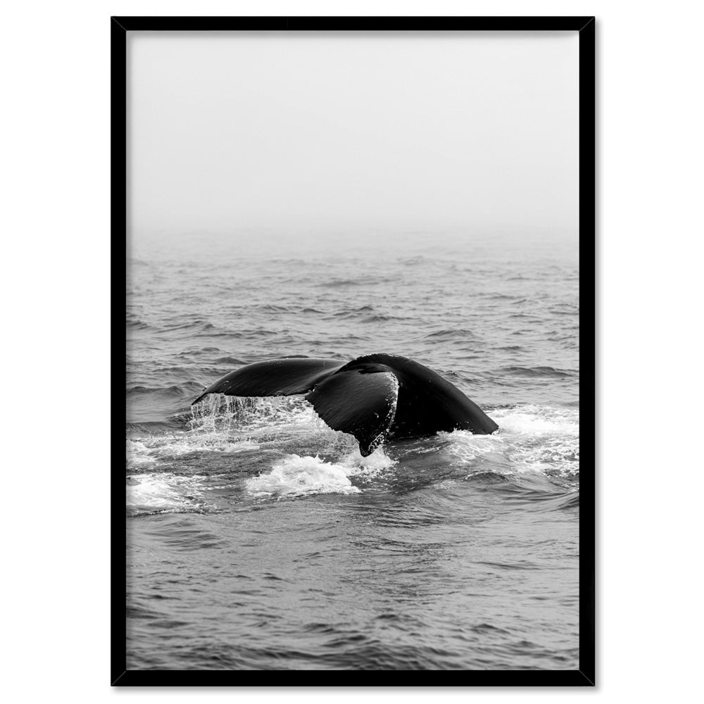 Whale Tail Black & White  - Art Print, Poster, Stretched Canvas, or Framed Wall Art Print, shown in a black frame
