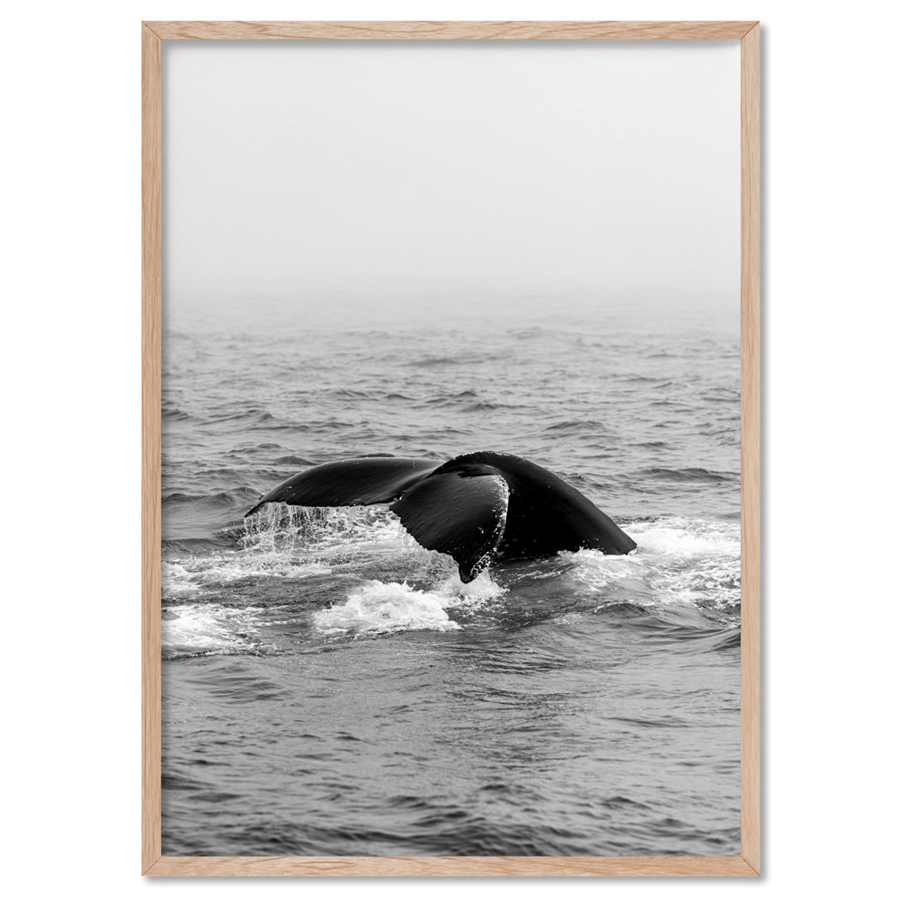 Whale Tail Black & White  - Art Print, Poster, Stretched Canvas, or Framed Wall Art Print, shown in a natural timber frame