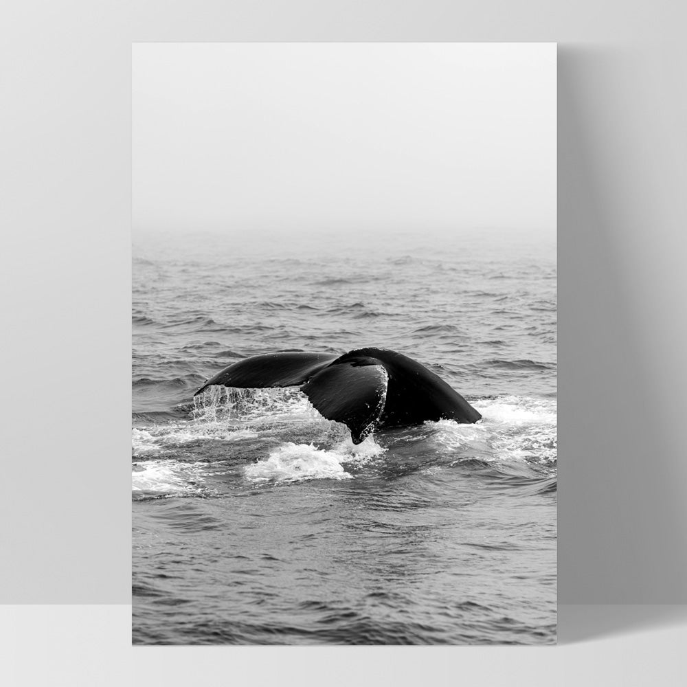 Whale Tail Black & White  - Art Print, Poster, Stretched Canvas, or Framed Wall Art Print, shown as a stretched canvas or poster without a frame