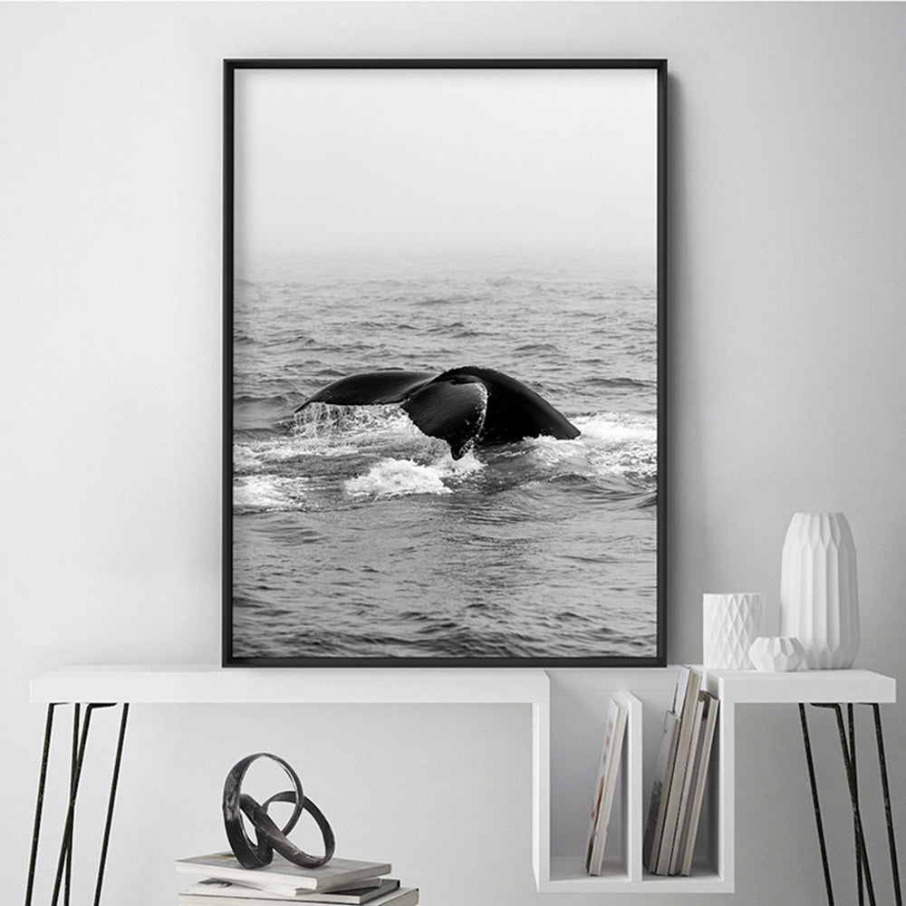 Whale Tail Black & White  - Art Print, Poster, Stretched Canvas or Framed Wall Art Prints, shown framed in a room