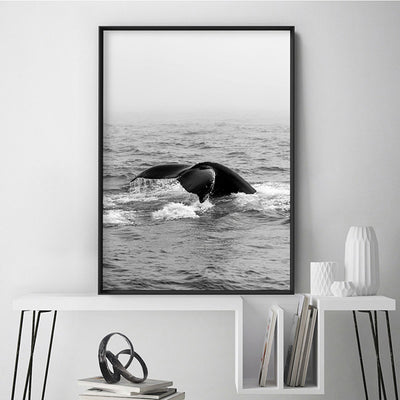 Whale Tail Black & White  - Art Print, Poster, Stretched Canvas or Framed Wall Art Prints, shown framed in a room