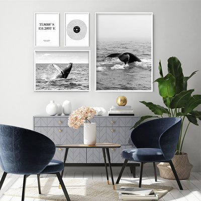 Whale Tail Black & White  - Art Print, Poster, Stretched Canvas or Framed Wall Art, shown framed in a home interior space