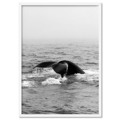 Whale Tail Black & White  - Art Print, Poster, Stretched Canvas, or Framed Wall Art Print, shown in a white frame