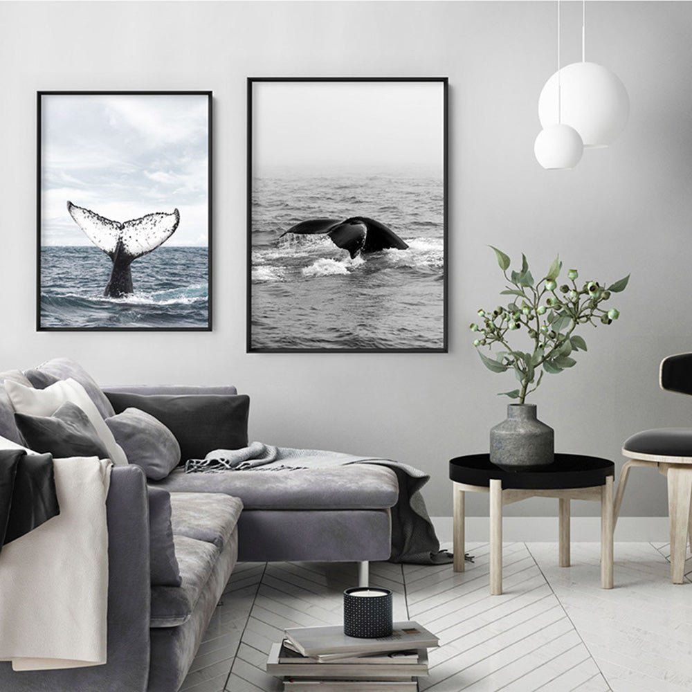 Humpback Whale Tail - Art Print, Poster, Stretched Canvas or Framed Wall Art, shown framed in a home interior space