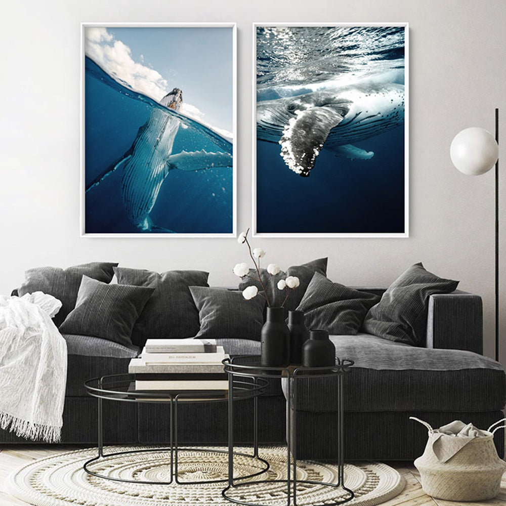 Underwater Humpback Whale I - Art Print, Poster, Stretched Canvas or Framed Wall Art, shown framed in a home interior space