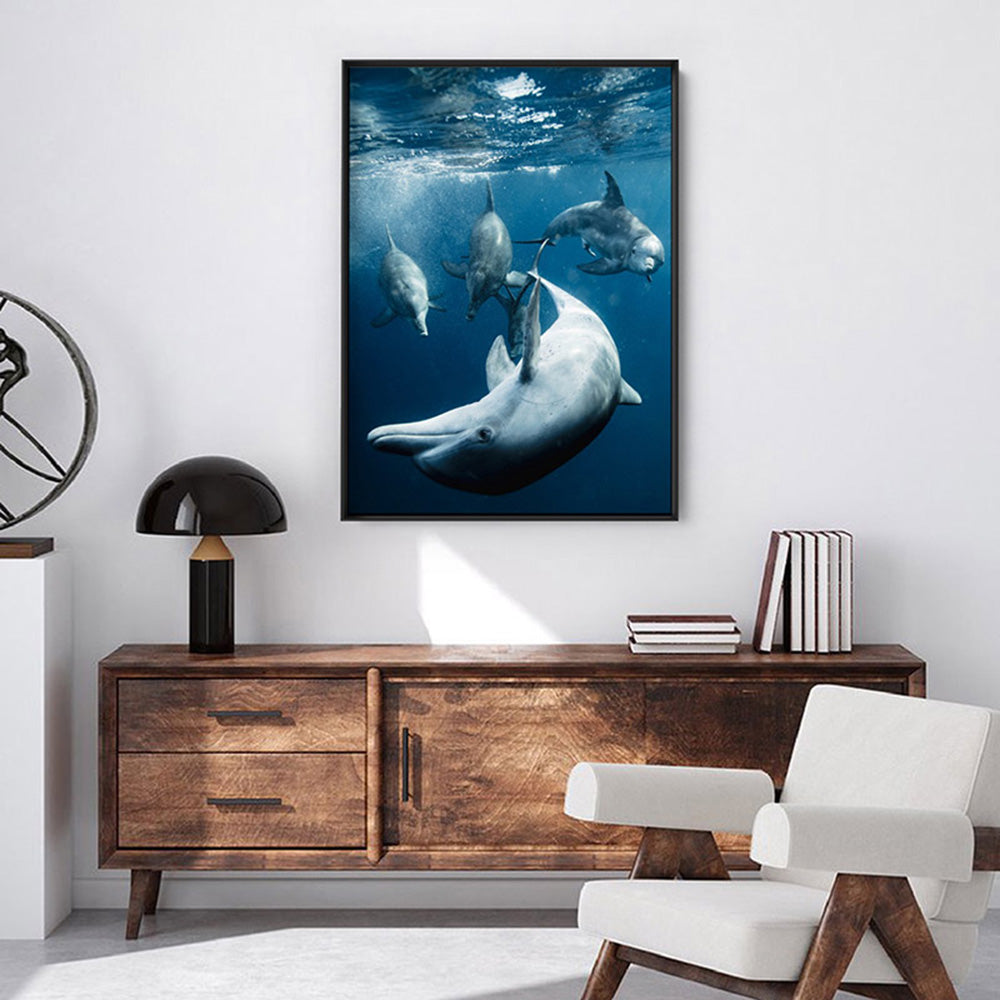 Dolphins Under the Sea - Art Print, Poster, Stretched Canvas or Framed Wall Art Prints, shown framed in a room