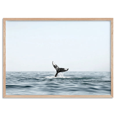 Humpback Whale Tail II Landscape - Art Print, Poster, Stretched Canvas, or Framed Wall Art Print, shown in a natural timber frame