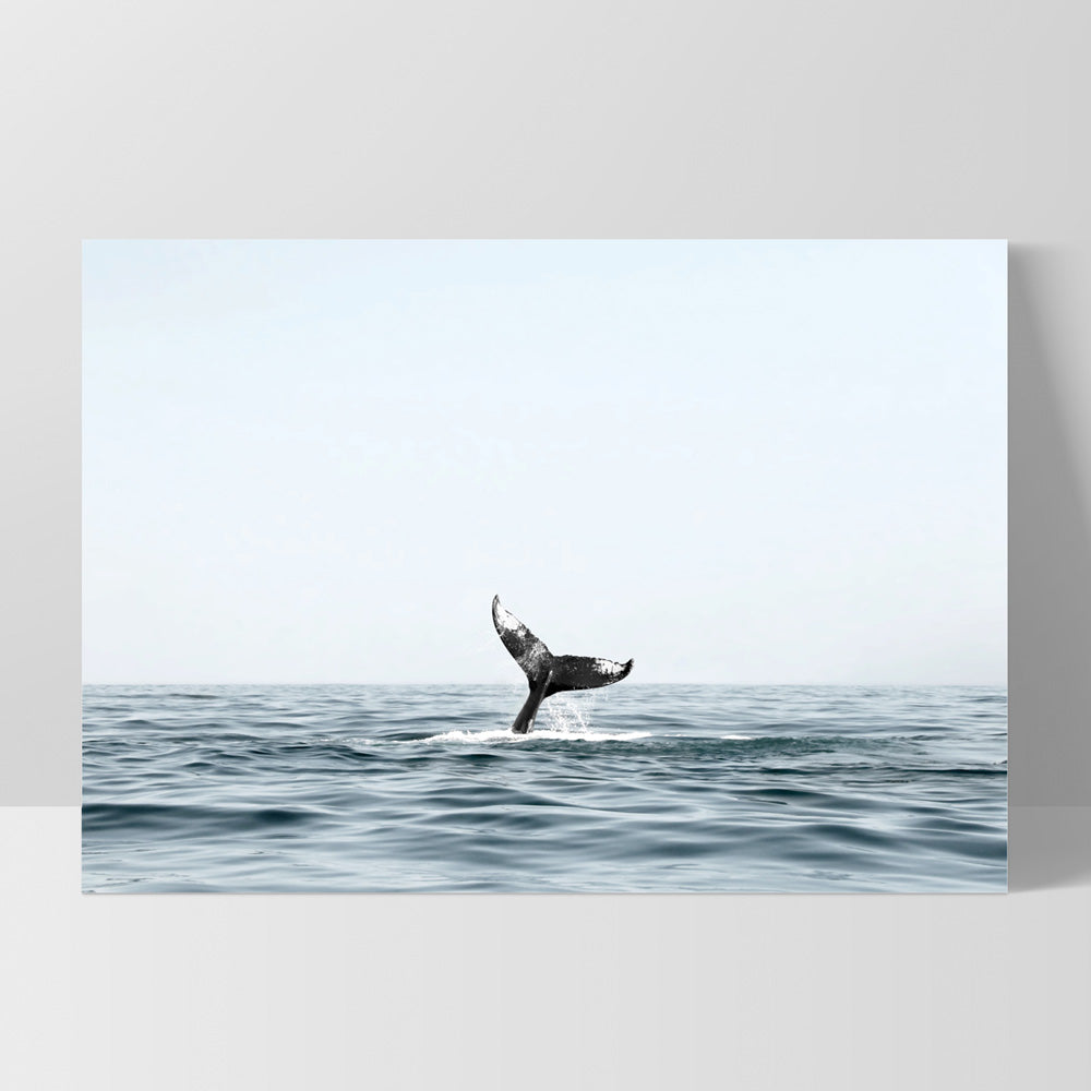 Humpback Whale Tail II Landscape - Art Print, Poster, Stretched Canvas, or Framed Wall Art Print, shown as a stretched canvas or poster without a frame