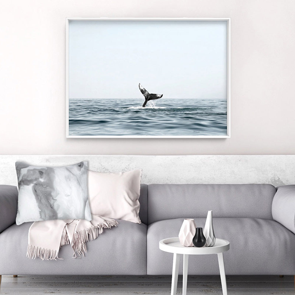 Humpback Whale Tail II Landscape - Art Print, Poster, Stretched Canvas or Framed Wall Art Prints, shown framed in a room