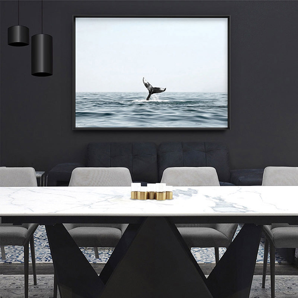 Humpback Whale Tail II Landscape - Art Print, Poster, Stretched Canvas or Framed Wall Art, shown framed in a home interior space