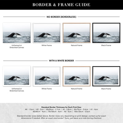 Humpback Whale Tail III Landscape - Art Print, Poster, Stretched Canvas or Framed Wall Art, Showing White , Black, Natural Frame Colours, No Frame (Unframed) or Stretched Canvas, and With or Without White Borders