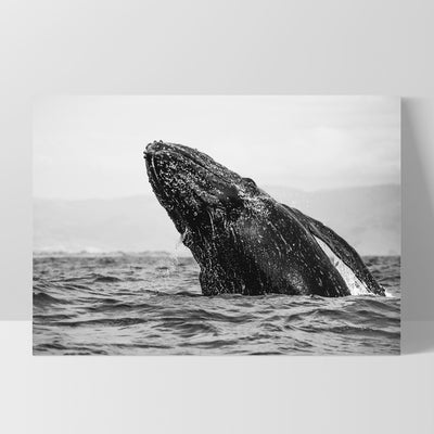 Humpback Whale Breach Landscape - Art Print, Poster, Stretched Canvas, or Framed Wall Art Print, shown as a stretched canvas or poster without a frame