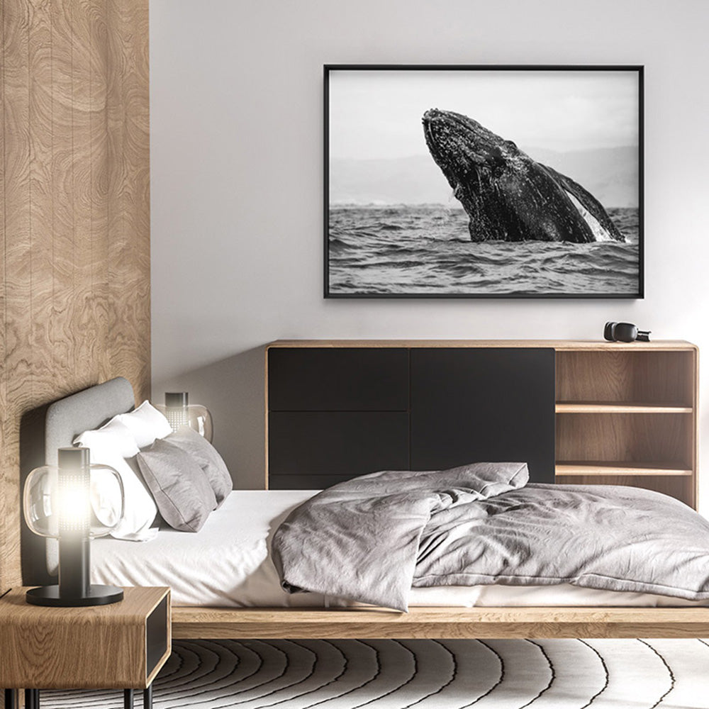 Humpback Whale Breach Landscape - Art Print, Poster, Stretched Canvas or Framed Wall Art Prints, shown framed in a room