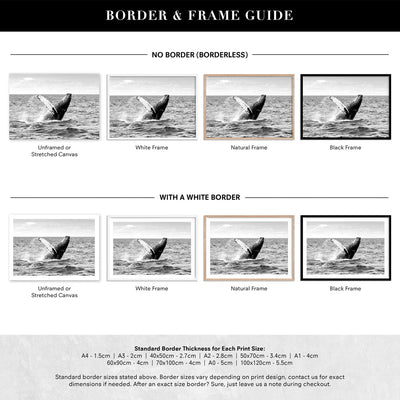 Humpback Whale Breach Landscape II - Art Print, Poster, Stretched Canvas or Framed Wall Art, Showing White , Black, Natural Frame Colours, No Frame (Unframed) or Stretched Canvas, and With or Without White Borders