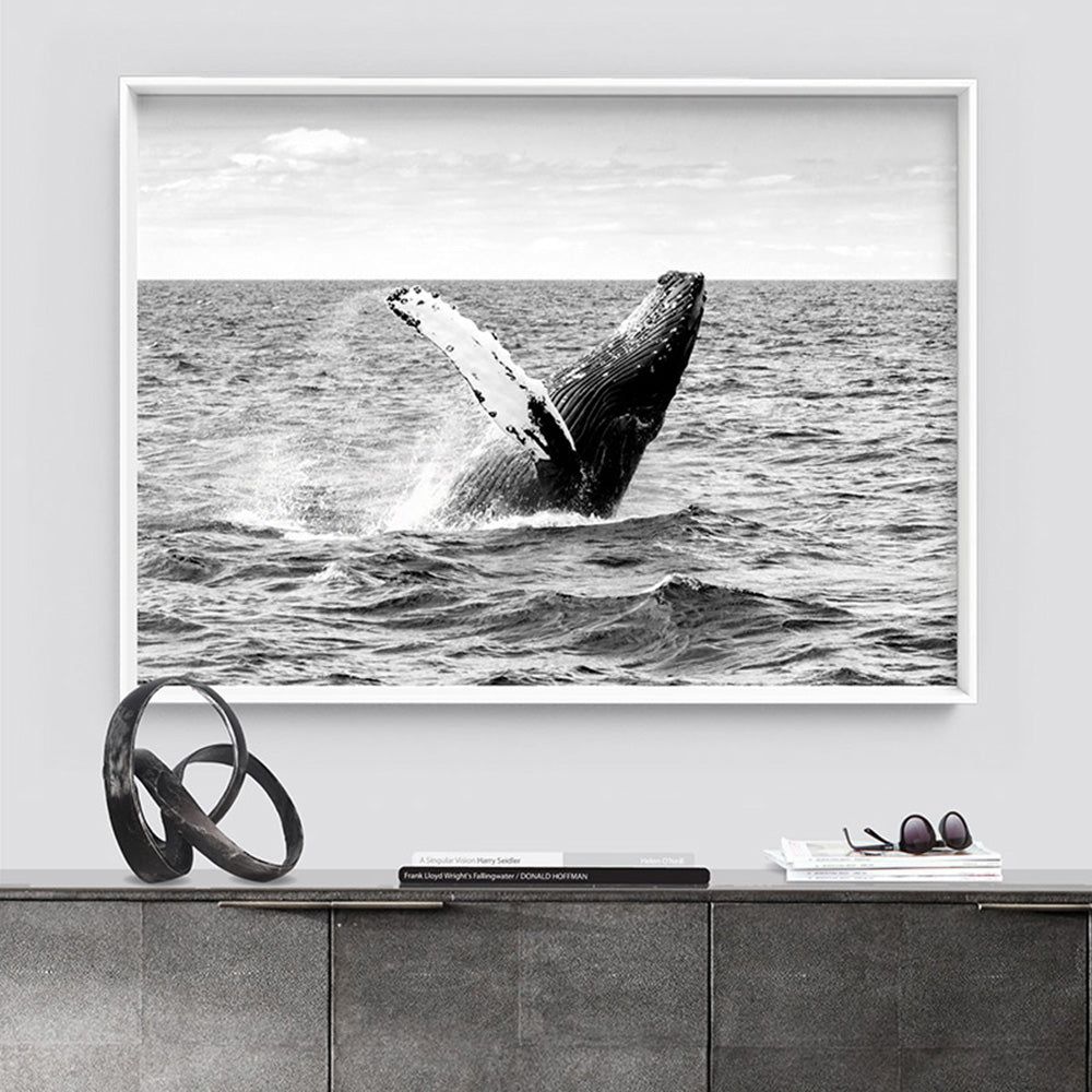 Humpback Whale Breach Landscape II - Art Print, Poster, Stretched Canvas or Framed Wall Art Prints, shown framed in a room