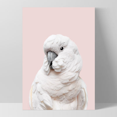 White Cockatoo on Blush - Art Print, Poster, Stretched Canvas, or Framed Wall Art Print, shown as a stretched canvas or poster without a frame