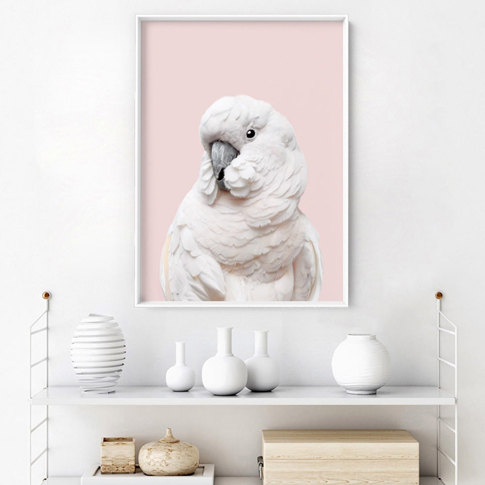 White Cockatoo on Blush - Art Print, Poster, Stretched Canvas or Framed Wall Art Prints, shown framed in a room