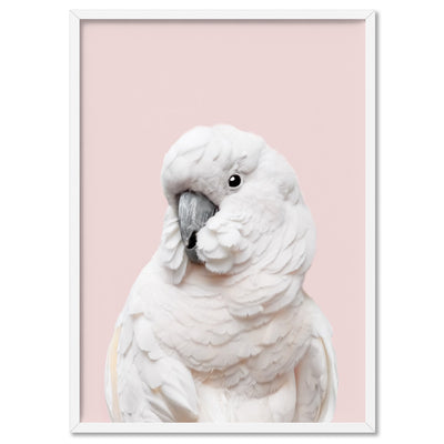 White Cockatoo on Blush - Art Print, Poster, Stretched Canvas, or Framed Wall Art Print, shown in a white frame