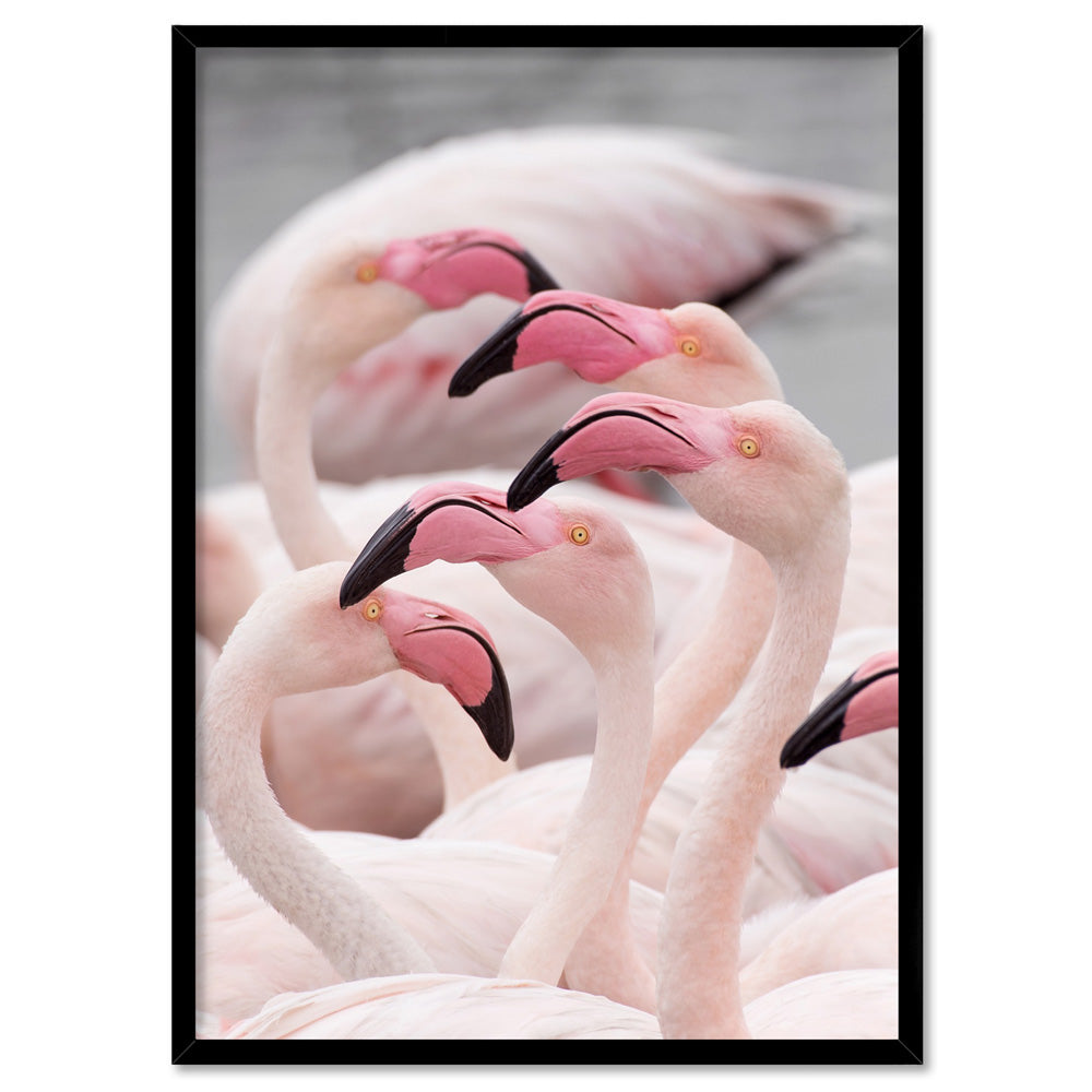 Pink Flamingos Flock - Art Print, Poster, Stretched Canvas, or Framed Wall Art Print, shown in a black frame