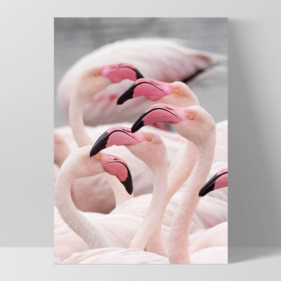 Pink Flamingos Flock - Art Print, Poster, Stretched Canvas, or Framed Wall Art Print, shown as a stretched canvas or poster without a frame