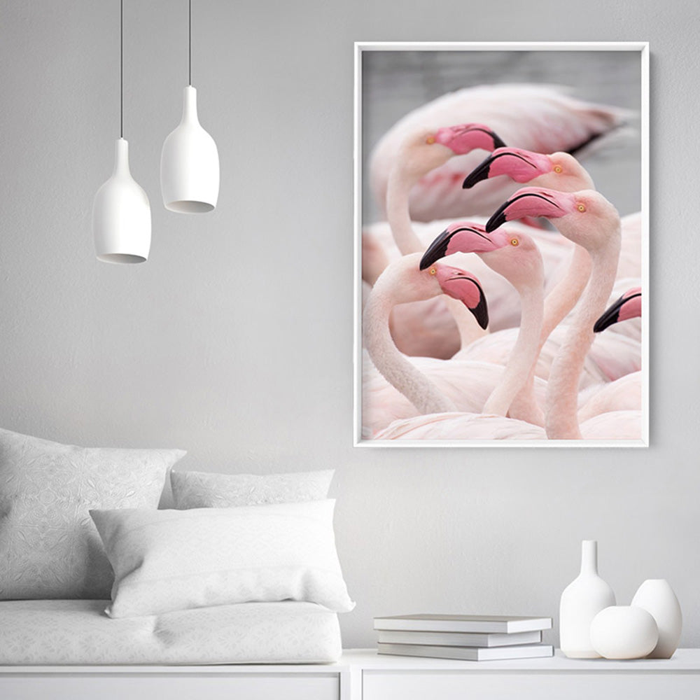 Pink Flamingos Flock - Art Print, Poster, Stretched Canvas or Framed Wall Art Prints, shown framed in a room