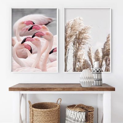 Pink Flamingos Flock - Art Print, Poster, Stretched Canvas or Framed Wall Art, shown framed in a home interior space