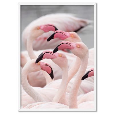 Pink Flamingos Flock - Art Print, Poster, Stretched Canvas, or Framed Wall Art Print, shown in a white frame