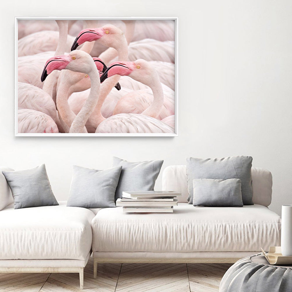 Pink Flamingos Flock Landscape - Art Print, Poster, Stretched Canvas or Framed Wall Art Prints, shown framed in a room