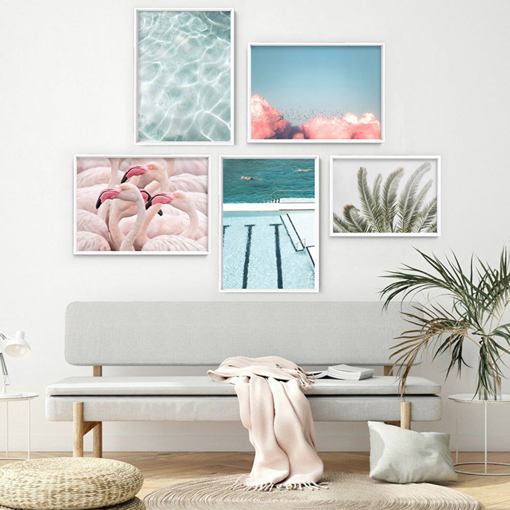 Pink Flamingos Flock Landscape - Art Print, Poster, Stretched Canvas or Framed Wall Art, shown framed in a home interior space