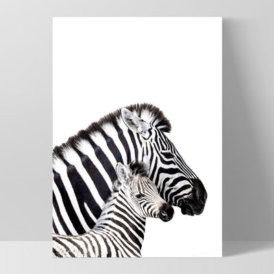 Zebra Mother and Baby - Art Print, Poster, Stretched Canvas, or Framed Wall Art Print, shown as a stretched canvas or poster without a frame