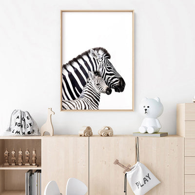 Zebra Mother and Baby - Art Print, Poster, Stretched Canvas or Framed Wall Art Prints, shown framed in a room