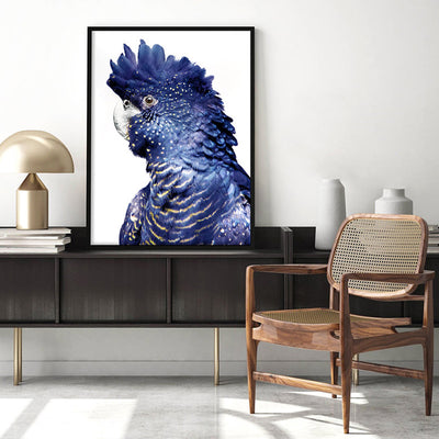 Black Cockatoo (blue tones) I - Art Print, Poster, Stretched Canvas or Framed Wall Art Prints, shown framed in a room