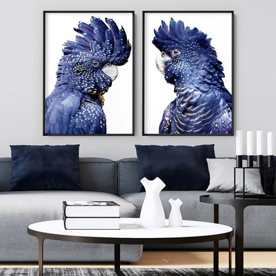 Black Cockatoo (blue tones) I - Art Print, Poster, Stretched Canvas or Framed Wall Art, shown framed in a home interior space