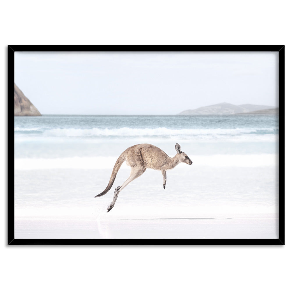 Coastal Beach Kangaroo I - Art Print, Poster, Stretched Canvas, or Framed Wall Art Print, shown in a black frame