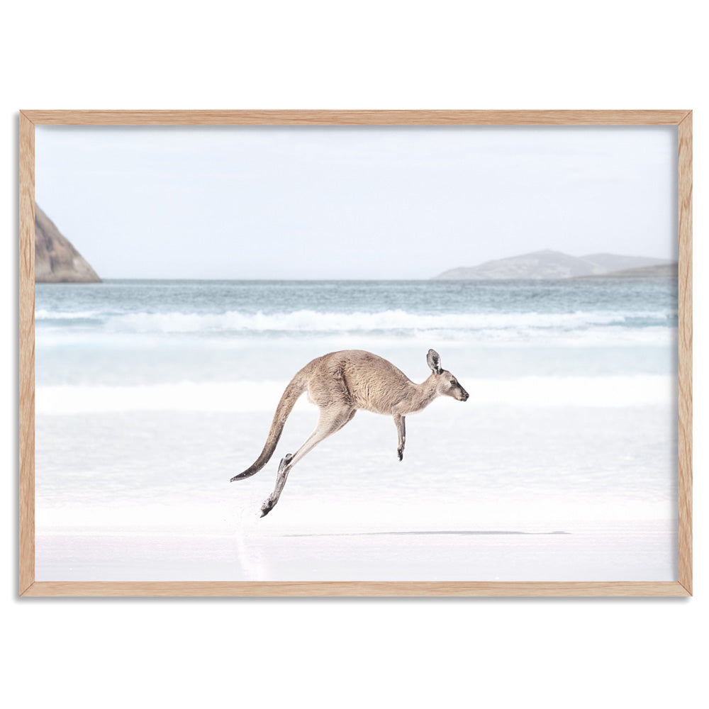Coastal Beach Kangaroo I - Art Print, Poster, Stretched Canvas, or Framed Wall Art Print, shown in a natural timber frame